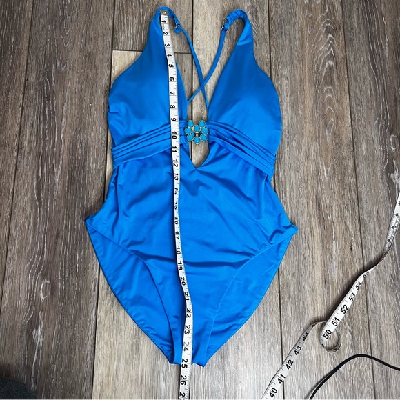 Trina Turk Monaco Solid Plunge one piece swimsuit Adriatic Blue turquoise 6 8 10 - Picture 5 of 11